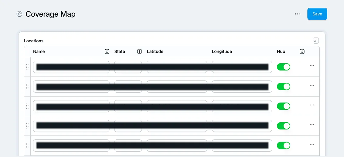 CMS editor view showing location fields with data hidden